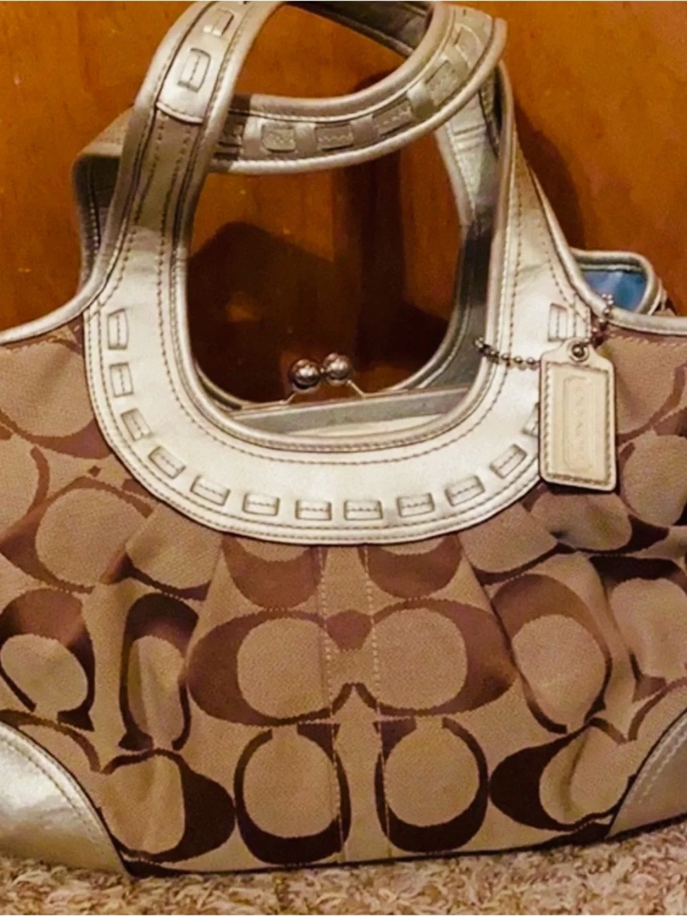 Coach Brown and Cream Signature Logo Tote with Metallic Trim